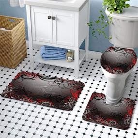 img 2 attached to 🚿 Versatile Lnond Abstract Swirl Shower Curtain Set: Black Red Gold Floral Design, Rugs, Lid Cover, Bath Mat, 12 Hooks - Waterproof & Durable Bathroom Decor