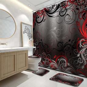 img 4 attached to 🚿 Versatile Lnond Abstract Swirl Shower Curtain Set: Black Red Gold Floral Design, Rugs, Lid Cover, Bath Mat, 12 Hooks - Waterproof & Durable Bathroom Decor