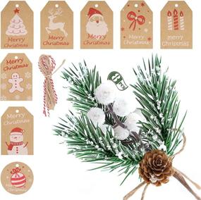 img 4 attached to 🎄 FUTERLY 8-Piece Christmas Berry Pine Cones for DIY Crafts - Christmas Tree Spray Picks, Evergreen Artificial Pine Branches, Holly Stems. Xmas Garland Décor with Kraft Paper Tags (White-A)