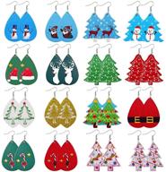 🎄 set of 16 christmas faux leather earrings: lightweight teardrop dangle earrings with christmas tree, hat, elk, and shoes designs - perfect xmas gift for women and girls. festive holiday earrings for christmas season. logo