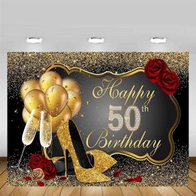 img 1 attached to MEHOFOTO Shining Sequin Black Gold High Heels Champagne Woman Red Rose Balloons 50th Birthday Party Backdrop - 8x6ft