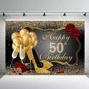 img 3 attached to MEHOFOTO Shining Sequin Black Gold High Heels Champagne Woman Red Rose Balloons 50th Birthday Party Backdrop - 8x6ft