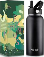 🥤 funus vacuum insulated water bottle - 32oz stainless steel, wide mouth with straw, double walled mug - keep beverages cold & hot - bpa free metal canteen for men and women fitness (black) logo