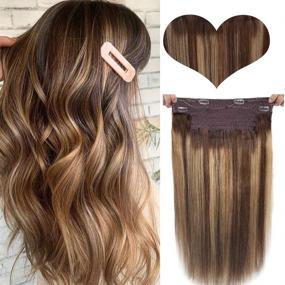 img 4 attached to Halo Hair Extensions - Clip in Human Hair Extensions with Balayage Highlights, Fish Line Hair Extensions - Invisible Crown Extensions Ombre Halo - Medium Brown with Blonde Highlights - Straight Remy Hair for Women