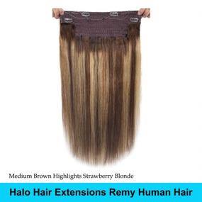 img 3 attached to Halo Hair Extensions - Clip in Human Hair Extensions with Balayage Highlights, Fish Line Hair Extensions - Invisible Crown Extensions Ombre Halo - Medium Brown with Blonde Highlights - Straight Remy Hair for Women