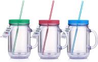 20 oz cupture double wall insulated plastic mason jar tumbler mug with striped straws - 3 pack logo