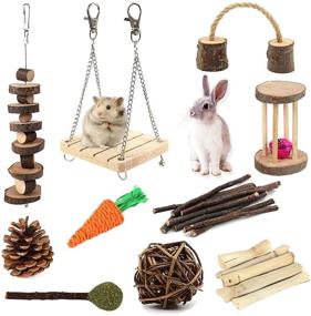 img 4 attached to ZALALOVA 10Pcs Natural Wooden Pine Guinea Pig Toys, Hamster Chew Toys for Rats Chinchillas, Bunny Rabbits, Gerbils - Edible Toy with Exercise Bell Roller for Teeth Care and Molar Play
