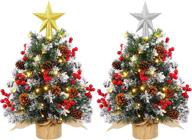 mceast 2-pack 22 inch mini artificial christmas trees with 2 led string lights, tabletop xmas tree set including tree toppers, red berries, pinecones, and stable burlap stand - ideal for xmas holiday party decorations логотип