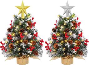 img 4 attached to MCEAST 2-Pack 22 Inch Mini Artificial Christmas Trees with 2 LED String Lights, Tabletop Xmas Tree Set including Tree Toppers, Red Berries, Pinecones, and Stable Burlap Stand - Ideal for Xmas Holiday Party Decorations