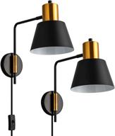 💡 modern swing arm wall sconce set of 2 - rotatable black wall lights with on/off cord: perfect for bedroom or living room логотип