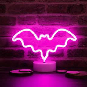 img 2 attached to Spooky LED Neon Bat Lights Halloween Decorations for Bedroom and Bar - Pink Bat Shape Night Lights, Battery Operated Table Lamp with Holder Base