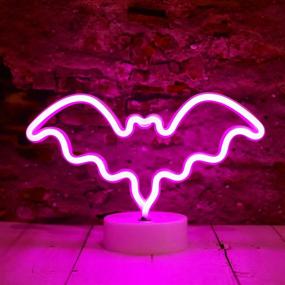 img 4 attached to Spooky LED Neon Bat Lights Halloween Decorations for Bedroom and Bar - Pink Bat Shape Night Lights, Battery Operated Table Lamp with Holder Base