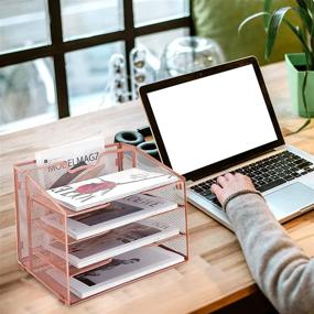 img 1 attached to 🌹 Rose Gold Metal Desk Organizer - Reliatronic Mesh Organizer with 5 Compartments, 4 Horizontal Letter Trays, and 1 Upright Section for Letters, Folders, Files, Documents, and Desk Accessories