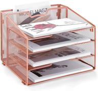 🌹 rose gold metal desk organizer - reliatronic mesh organizer with 5 compartments, 4 horizontal letter trays, and 1 upright section for letters, folders, files, documents, and desk accessories логотип