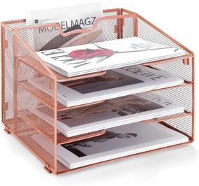 img 4 attached to 🌹 Rose Gold Metal Desk Organizer - Reliatronic Mesh Organizer with 5 Compartments, 4 Horizontal Letter Trays, and 1 Upright Section for Letters, Folders, Files, Documents, and Desk Accessories