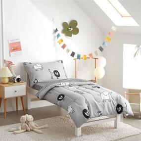 img 3 attached to 🐑 FlySheep Premium Gray Grey Toddler Bedding Set for Baby Boys with Multi Animals Print - Quilted Comforter, Flat Sheet, Fitted Sheet & Pillow Case Included