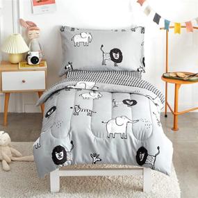 img 4 attached to 🐑 FlySheep Premium Gray Grey Toddler Bedding Set for Baby Boys with Multi Animals Print - Quilted Comforter, Flat Sheet, Fitted Sheet & Pillow Case Included