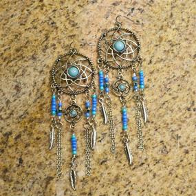 img 2 attached to 💫 Boho Chic Burnished Goldtone & Turquoise Dream Catcher Drop Earrings by Lux Accessories