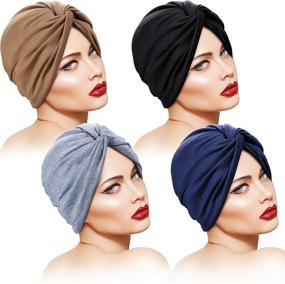 img 3 attached to Stylish Pleated Turban Cap Set for Women - SATINIOR Soft Pre Tied Knot Headwraps, 4 Colors!