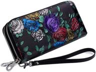 rfid blocking women's leather double zipper cellphone wallet long purse with removable wrist strap - colored rose logo