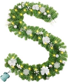 img 4 attached to 🎄 9-Foot Rocinha Christmas Garland with 50 LED Battery-Powered Lights, Festive Ball Ornaments, Snowflakes, and Silver White Berries - Ideal for Mantle, Fireplace, Stairs, and Banister Decoration