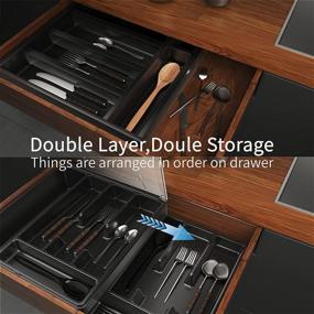 img 1 attached to 🍴 Black Silverware Tray with Lid - Double Layer Organizer for Drawer, Cutlery Storage Holder with Cover