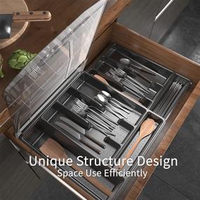 img 2 attached to 🍴 Black Silverware Tray with Lid - Double Layer Organizer for Drawer, Cutlery Storage Holder with Cover