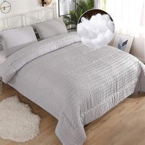 img 4 attached to 🛏️ KINBEDY Grey Queen Seersucker Textured Comforter Set - 3 Piece, Soft, Lightweight Microfiber Duvet Insert with 2 Pillowcases - Breathable Bedding