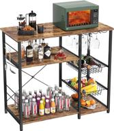 🍷 rustic brown kitchen baker’s rack - 3-tier+4-tier shelves with wine glass holder, hooks, and wire basket - coffee bar, microwave oven stand, and utility cart organizer - easy assembly, 35.5” logo