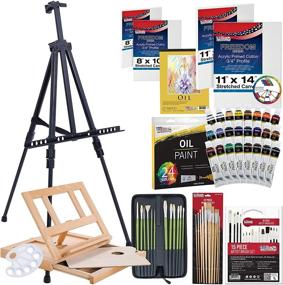 img 4 attached to U.S. Art Supply 70-Piece Oil Painting Set: Aluminum & Wood Easel, 24 Vibrant Oil Paint Colors, Painting Pad, 8x10 & 11x14 Stretched Canvases, Artist Brushes