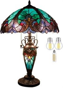 img 4 attached to Rustic Large Tiffany Style Table Lamp with Art Nightlight Green Stained Glass - Liaison Vintage Base for Living Room Bedroom Bedside Nightstand, Home Office, Family; LED Bulb Included