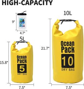 img 3 attached to Waterproof Dry Bag with Phone Case - 5L&10L Roll Top Waterproof 🌊 Compression Sack for Beach, Kayaking, Fishing, Hiking, Rafting, Camping, and Boating in Yellow