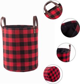 img 2 attached to Large 17.7-Inch Collapsible Storage Basket with Leather Handles in Red Buffalo Plaid Woolen Fabric - Foldable Tote Bags for Home Organization and Decor