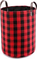 large 17.7-inch collapsible storage basket with leather handles in red buffalo plaid woolen fabric - foldable tote bags for home organization and decor logo