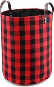 img 4 attached to Large 17.7-Inch Collapsible Storage Basket with Leather Handles in Red Buffalo Plaid Woolen Fabric - Foldable Tote Bags for Home Organization and Decor