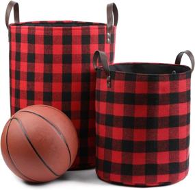 img 1 attached to Large 17.7-Inch Collapsible Storage Basket with Leather Handles in Red Buffalo Plaid Woolen Fabric - Foldable Tote Bags for Home Organization and Decor