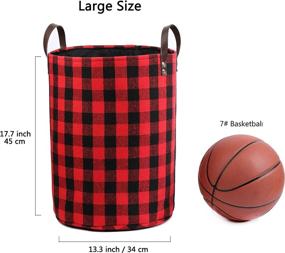 img 3 attached to Large 17.7-Inch Collapsible Storage Basket with Leather Handles in Red Buffalo Plaid Woolen Fabric - Foldable Tote Bags for Home Organization and Decor