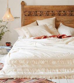 img 3 attached to Queen Size 86inx90in Cotton Fringed Duvet Cover with Tassels - White Quilt Cover for Full Queen Bed