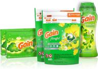 gain laundry bundle: gain flings detergent pacs (2x35ct), gain dryer sheets (2x34ct), gain fireworks scent booster beads (14.8 oz) logo