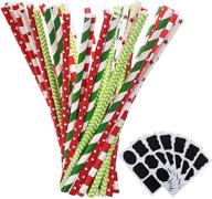 shappy paper straws: festive decorative drinking straws for christmas & new year party decoration - 125 pieces, multi patterns - includes 6 bonus black stickers (red and green) logo