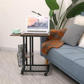 img 2 attached to C-Shape End Table with Rolling Wheels, Side Pocket and Industrial Wood Design - Perfect for Coffee, Laptop, Snacks, Sofa, Couch, Bed, Living Room