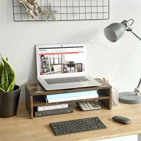 img 2 attached to SONGMICS Wooden Computer Monitor Stand with 2-Tier Table Lift - Rustic Brown ULLD101BY: Space-Saving Desk Organizer and Laptop Riser for Efficient Storage