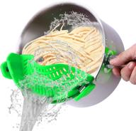 green clip-on silicone strain strainer for spaghetti, pasta, ground beef grease - heat resistant kitchen food strainers - conveniently fits all pots, bowls, colanders, and sieves logo