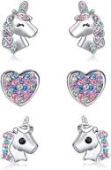 🦄 hypoallergenic tiny stud earrings for girls: unicorn love heart cz earrings set (3 pairs) logo