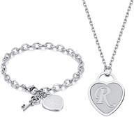 personalized stainless steel heart key initial necklace bracelet set for teen girls - ideal christmas gift; 26 letter chain necklaces with name locket bracelet; perfect birthday gift for friends - complete with jewelry bag logo