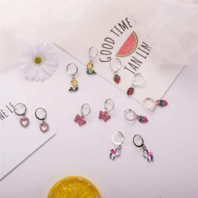 img 2 attached to 🌸 Hypoallergenic Silver Mini Cute Dangle Hoop Earrings: 16 Pairs for Teen Girls - Pink Animal & Floral Designs for Girls and Women - Colorful Fox, Flower, and Flag Dangles