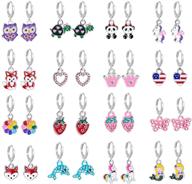 🌸 hypoallergenic silver mini cute dangle hoop earrings: 16 pairs for teen girls - pink animal & floral designs for girls and women - colorful fox, flower, and flag dangles logo