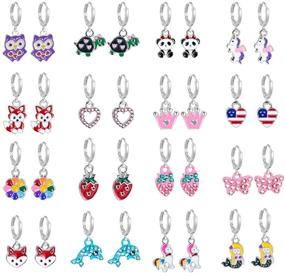 img 4 attached to 🌸 Hypoallergenic Silver Mini Cute Dangle Hoop Earrings: 16 Pairs for Teen Girls - Pink Animal & Floral Designs for Girls and Women - Colorful Fox, Flower, and Flag Dangles