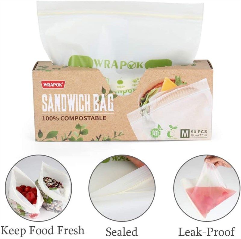 WRAPOK 100% Compostable Recycled Sandwich Bags Biodegradable Small Storage  Freezer Bag for School or Work, 50 Count