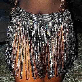 img 4 attached to Zeelina Sparkly Rhinestone Tassel Skirt Silver Belly Dance Hip Scarf: A Dazzling Crystal Waist Belt Chain for Women and Girls (Black) - Perfect for Beach, Nightclub, Party, Performance, Rave, and Festival Costume